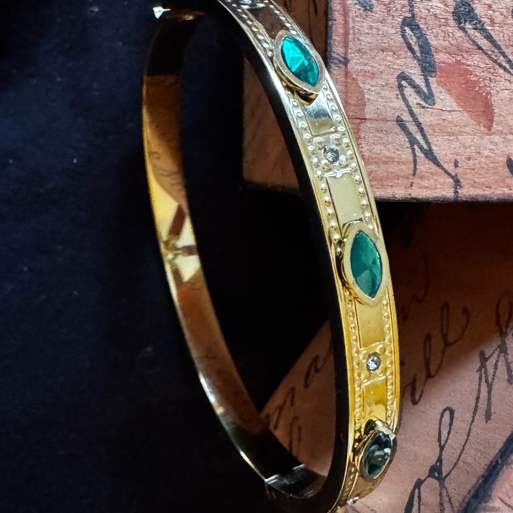 Gold Tone Bracelet with Green Emerald-Cut Accents